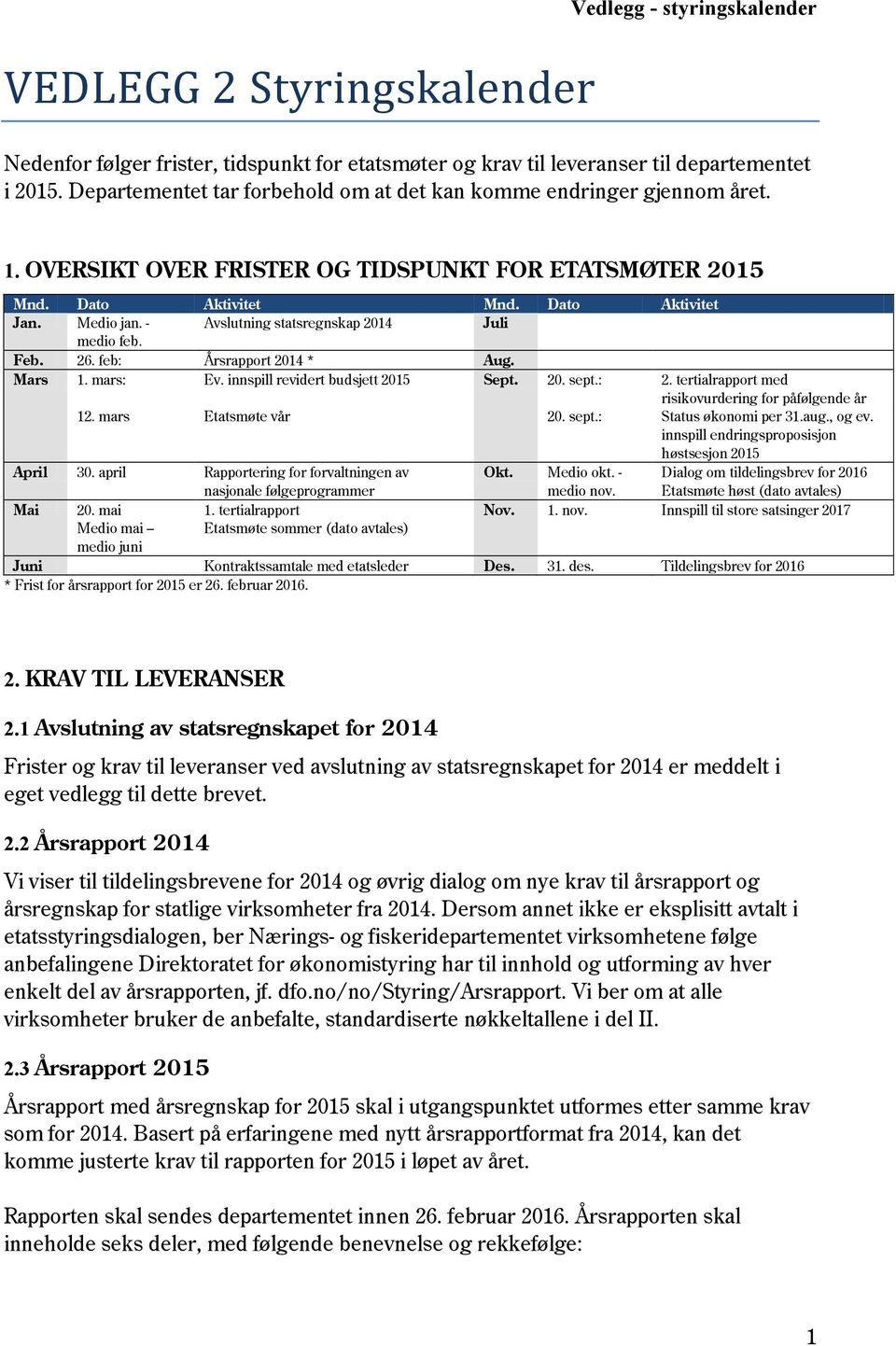 - Avslutning statsregnskap 2014 Juli medio feb. Feb. 26. feb: Årsrapport 2014 * Aug. Mars 1. mars: Ev. innspill revidert budsjett 2015 Sept. 20. sept.: 2.