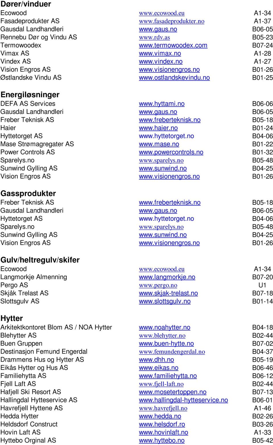 mase.no B01-22 Power Controls AS www.powercontrols.no B01-32 Sparelys.no www.sparelys.no B05-48 Gassprodukter Sparelys.no www.sparelys.no B05-48 Gulv/heltregulv/skifer Ecowood www.ecowood.