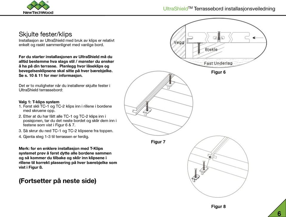 Se s. 10 & 11 for mer informasjon. Figur 6 Det er to muligheter når du installerer skjulte fester i UltraShield terrassebord: Valg 1: T-klips system 1.