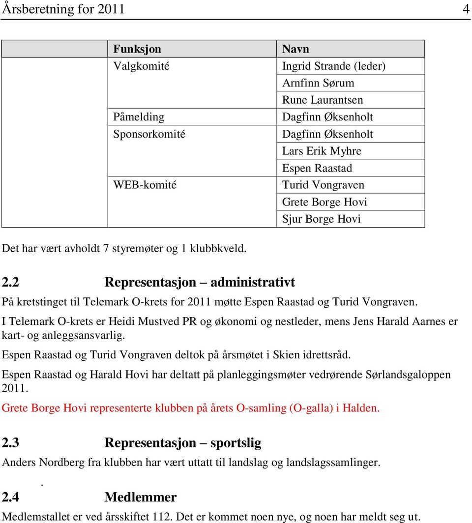 2 Representasjon administrativt På kretstinget til Telemark O-krets for 2011 møtte Espen Raastad og Turid Vongraven.