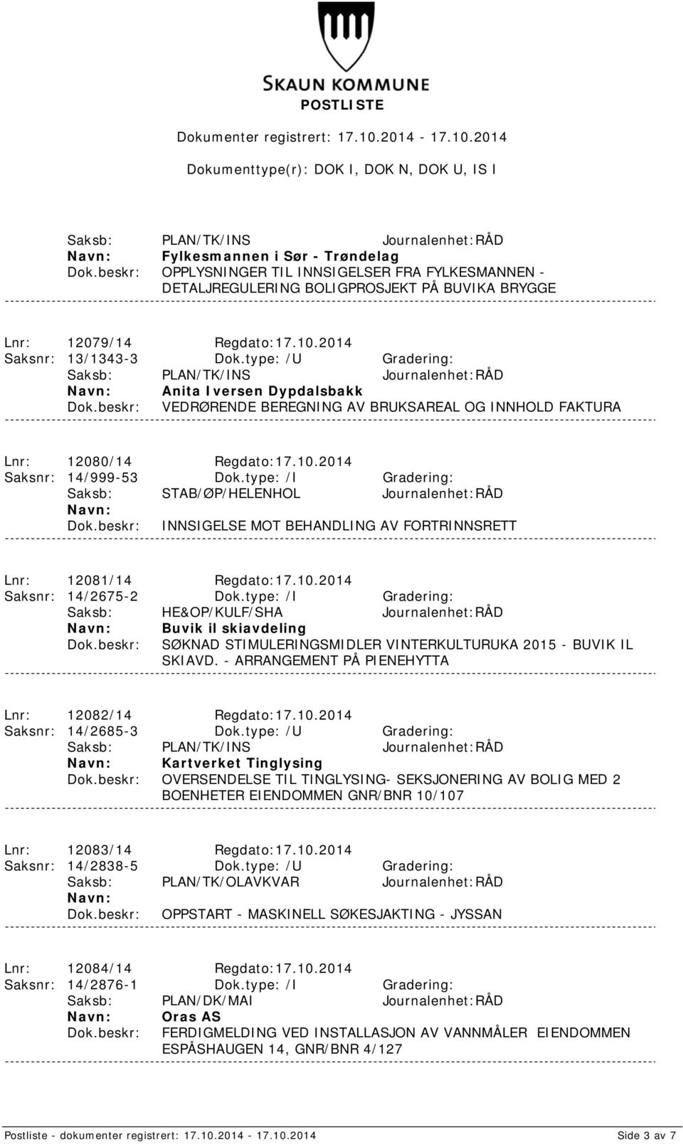 type: /I Gradering: Saksb: STAB/ØP/HELENHOL Journalenhet:RÅD INNSIGELSE MOT BEHANDLING AV FORTRINNSRETT Lnr: 12081/14 Regdato:17.10.2014 Saksnr: 14/2675-2 Dok.