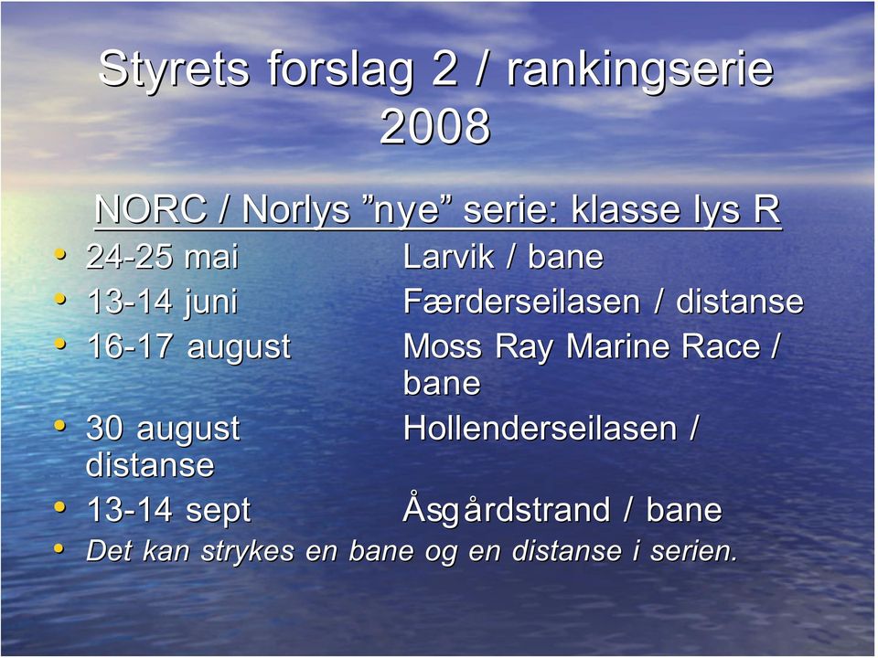 august Moss Ray Marine Race / bane 30 august Hollenderseilasen / distanse
