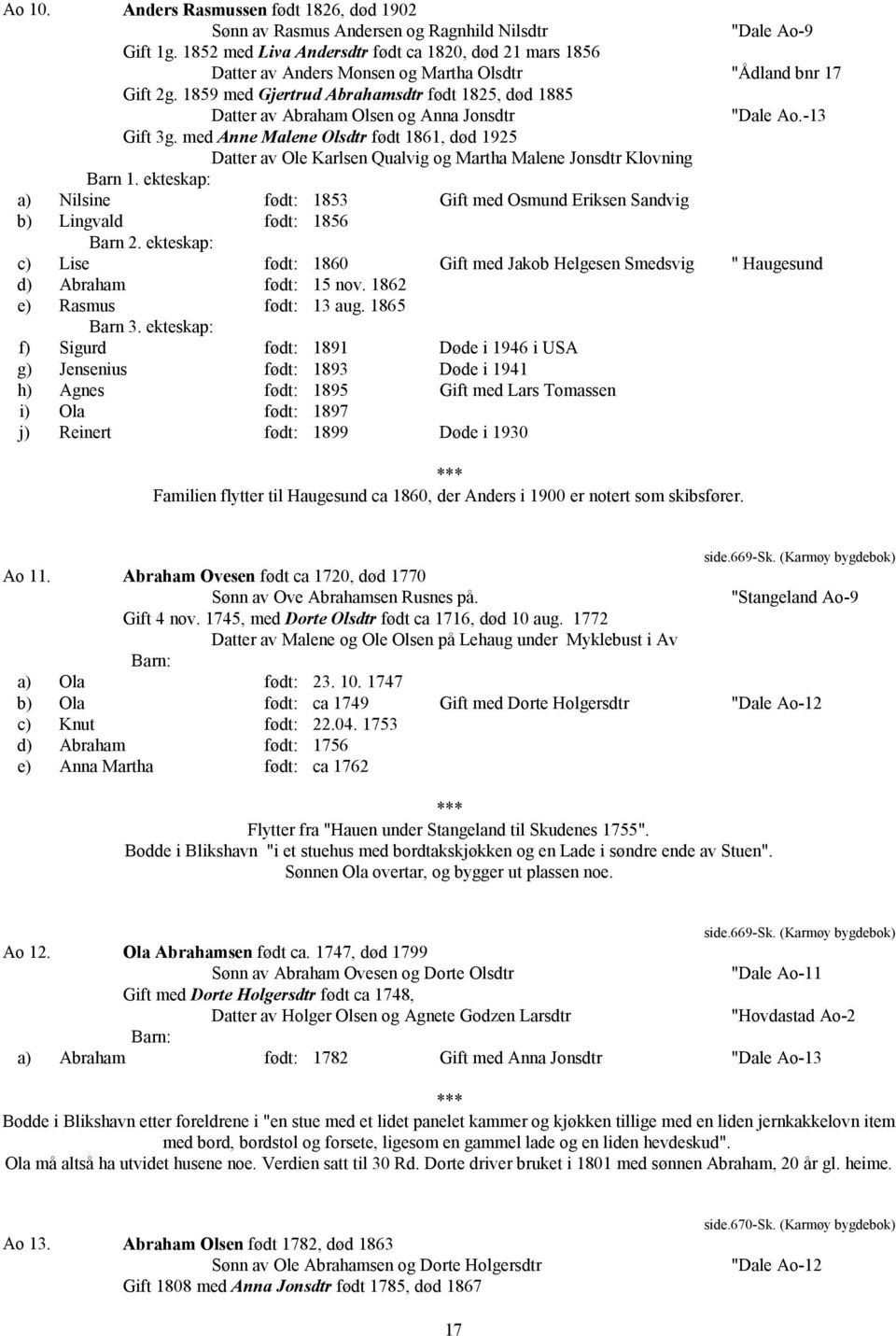 1859 med Gjertrud Abrahamsdtr født 1825, død 1885 Datter av Abraham Olsen og Anna Jonsdtr "Dale Ao.-13 Gift 3g.