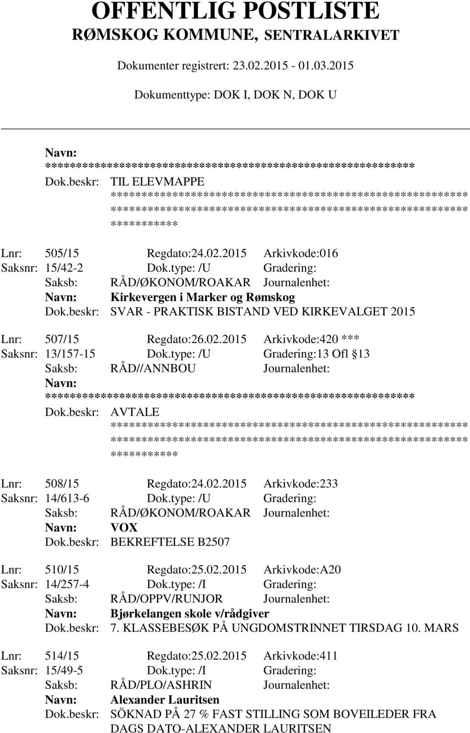 type: /U Gradering: Saksb: RÅD/ØKONOM/ROAKAR Journalenhet: VOX Dok.beskr: BEKREFTELSE B2507 Lnr: 510/15 Regdato:25.02.2015 Arkivkode:A20 Saksnr: 14/257-4 Dok.