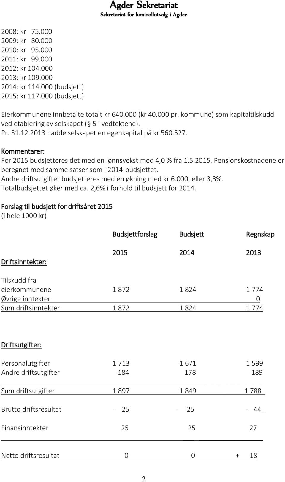 2013 hadde selskapet en egenkapital på kr 560.527. Kommentarer: For 2015 budsjetteres det med en lønnsvekst med 4,0 % fra 1.5.2015. Pensjonskostnadene er beregnet med samme satser som i 2014-budsjettet.