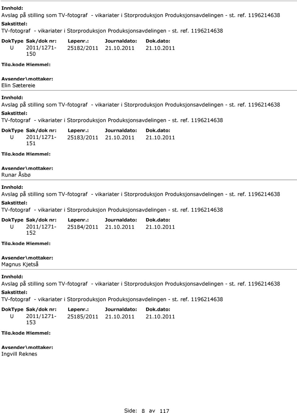 1196214638 2011/1271-150 25182/2011 Elin Sætereie   1196214638 2011/1271-151 25183/2011 Runar Åsbø   1196214638 2011/1271-152 25184/2011 Magnus Kjetså   1196214638 2011/1271-153 25185/2011 ngvill