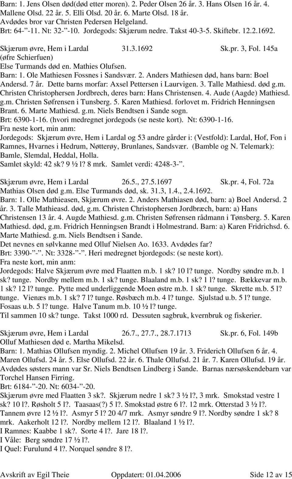 Mathies Olufsen. Barn: 1. Ole Mathiesen Fossnes i Sandsvær. 2. Anders Mathiesen død, hans barn: Boel Andersd. 7 år. Dette barns morfar: Axsel Pettersen i Laurvigen. 3. Talle Mathiesd. død g.m. Christen Christophersen Jordbrech, deres barn: Hans Christensen.