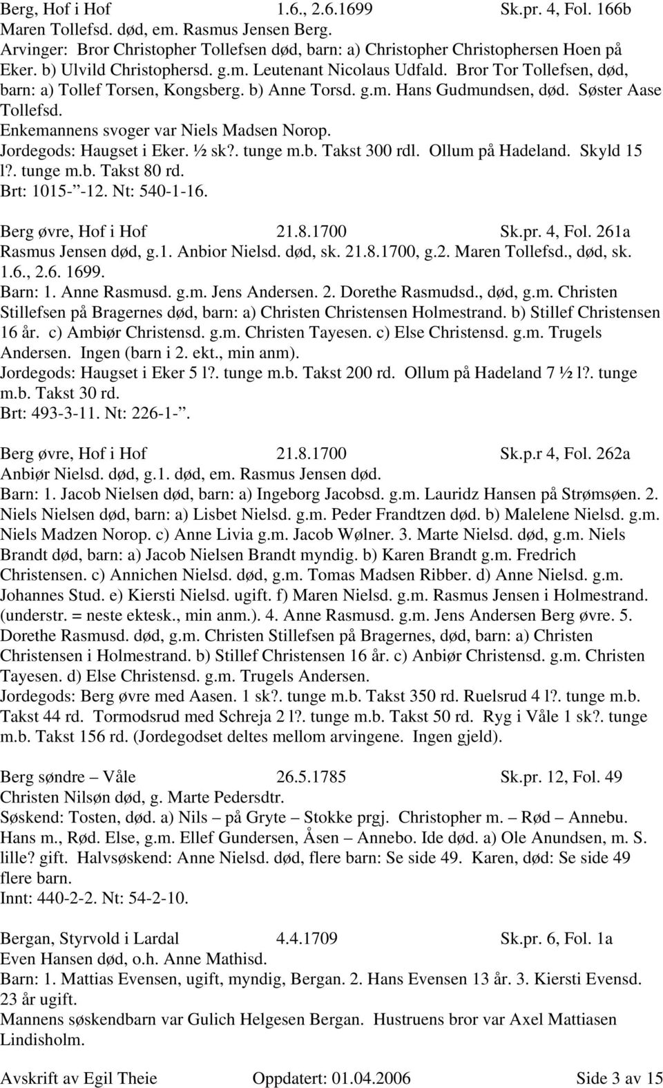 Enkemannens svoger var Niels Madsen Norop. Jordegods: Haugset i Eker. ½ sk?. tunge m.b. Takst 300 rdl. Ollum på Hadeland. Skyld 15 l?. tunge m.b. Takst 80 rd. Brt: 1015- -12. Nt: 540-1-16.