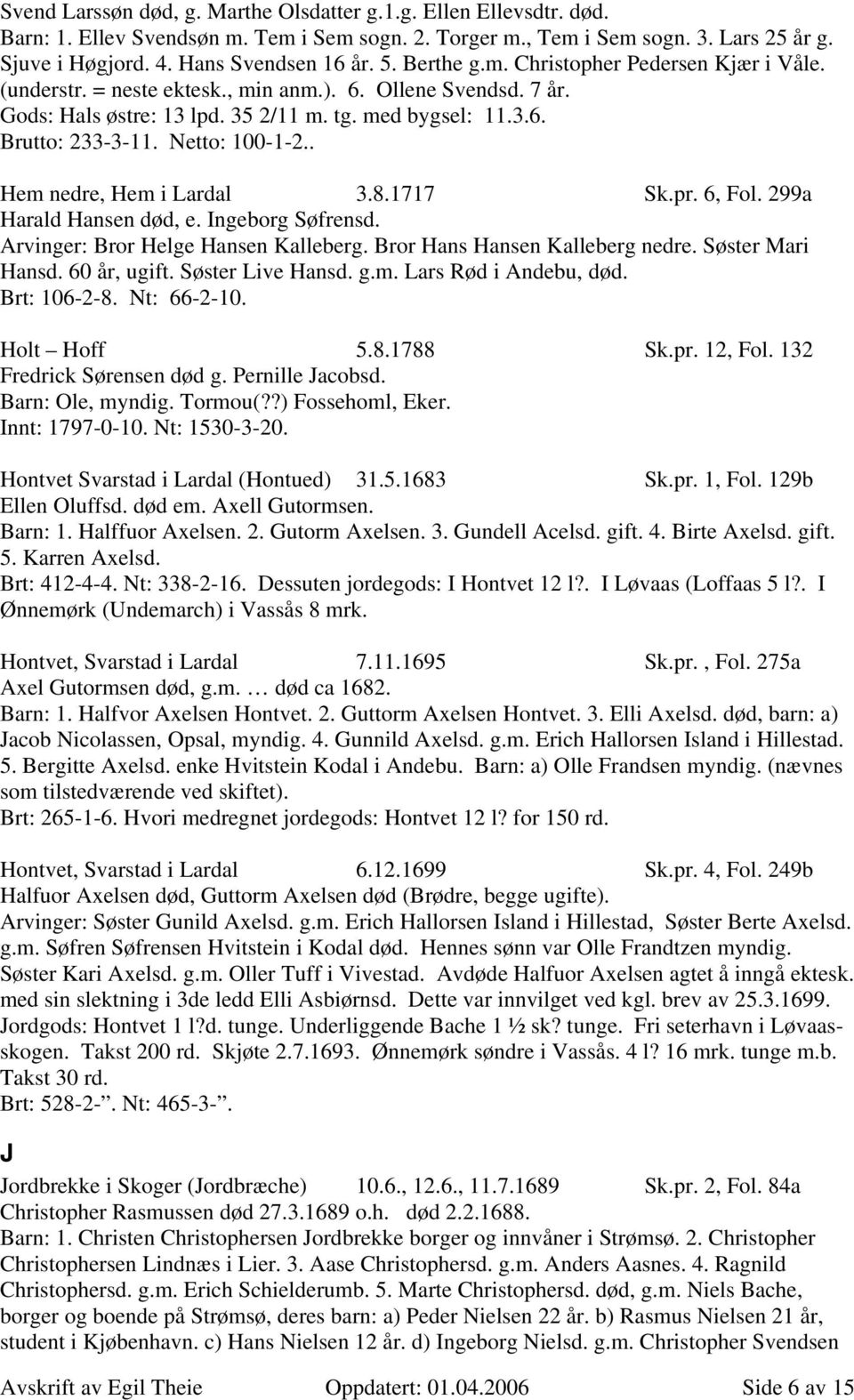 Netto: 100-1-2.. Hem nedre, Hem i Lardal 3.8.1717 Sk.pr. 6, Fol. 299a Harald Hansen død, e. Ingeborg Søfrensd. Arvinger: Bror Helge Hansen Kalleberg. Bror Hans Hansen Kalleberg nedre.