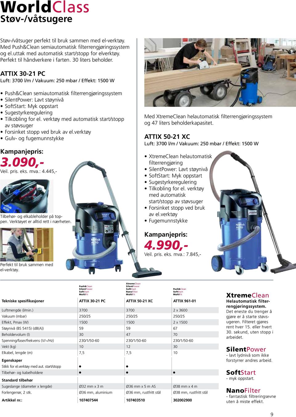 attix 30-21 pc Luft: 3700 l/m / Vakuum: 250 mbar / Effekt: 1500 W Push&Clean semiautomatisk filterrengjøringssystem : Lavt støynivå SoftStart: Myk oppstart Sugestyrkeregulering Tilkobling for el.