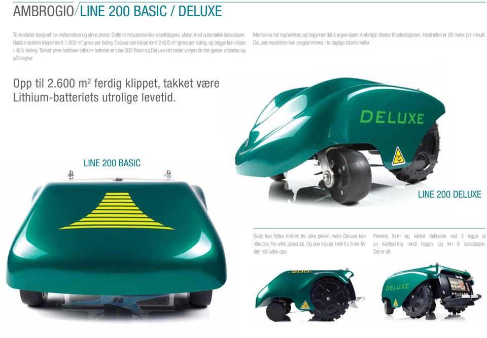 Takket være holdbare Lithium-batterier er Line 200 Basic og DeLuxe det beste valget når det gjelder utførelse og pålitelighet Modellene har regnsensor, og begynner det å regne kjører Ambrogio tilbake