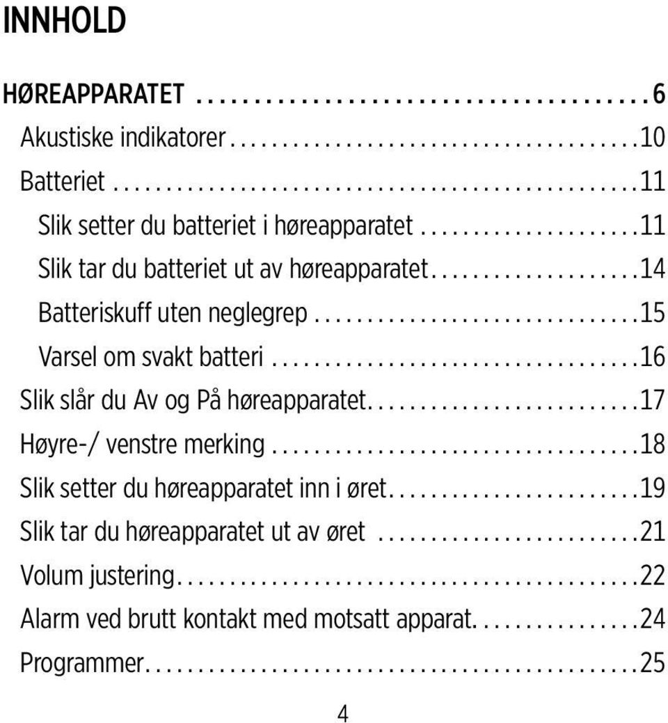 .. 16 Slik slår du Av og På høreapparatet... 17 Høyre-/ venstre merking... 18 Slik setter du høreapparatet inn i øret.