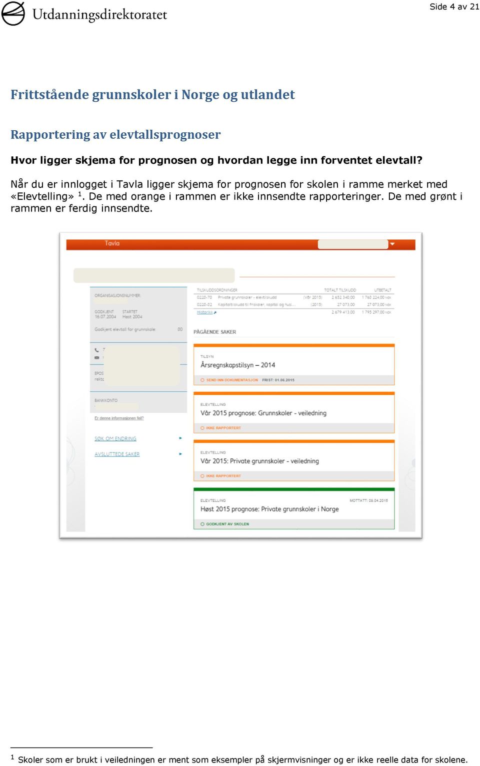 Når du er innlogget i Tavla ligger skjema for prognosen for skolen i ramme merket med «Elevtelling» 1.