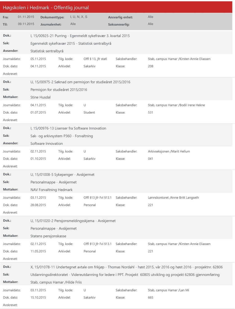 2015/2016 Permisjon for studieåret 2015/2016 Stine Husdal Stab, campus Hamar /Bodil Irene Hekne Dok. dato: 01.07.