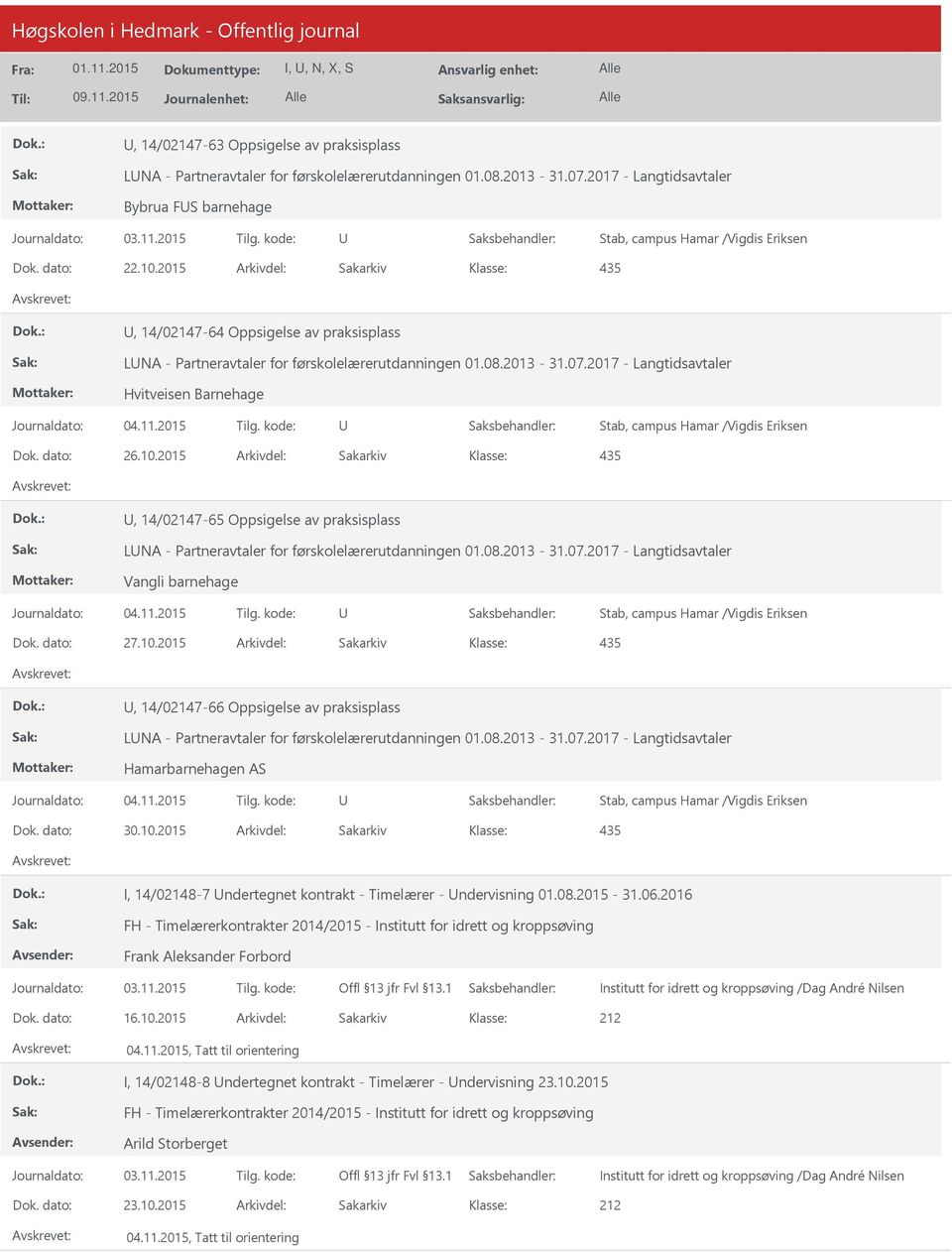 2015 Arkivdel: Sakarkiv 435, 14/02147-64 Oppsigelse av praksisplass LNA - Partneravtaler for førskolelærerutdanningen 01.08.2013-31.07.