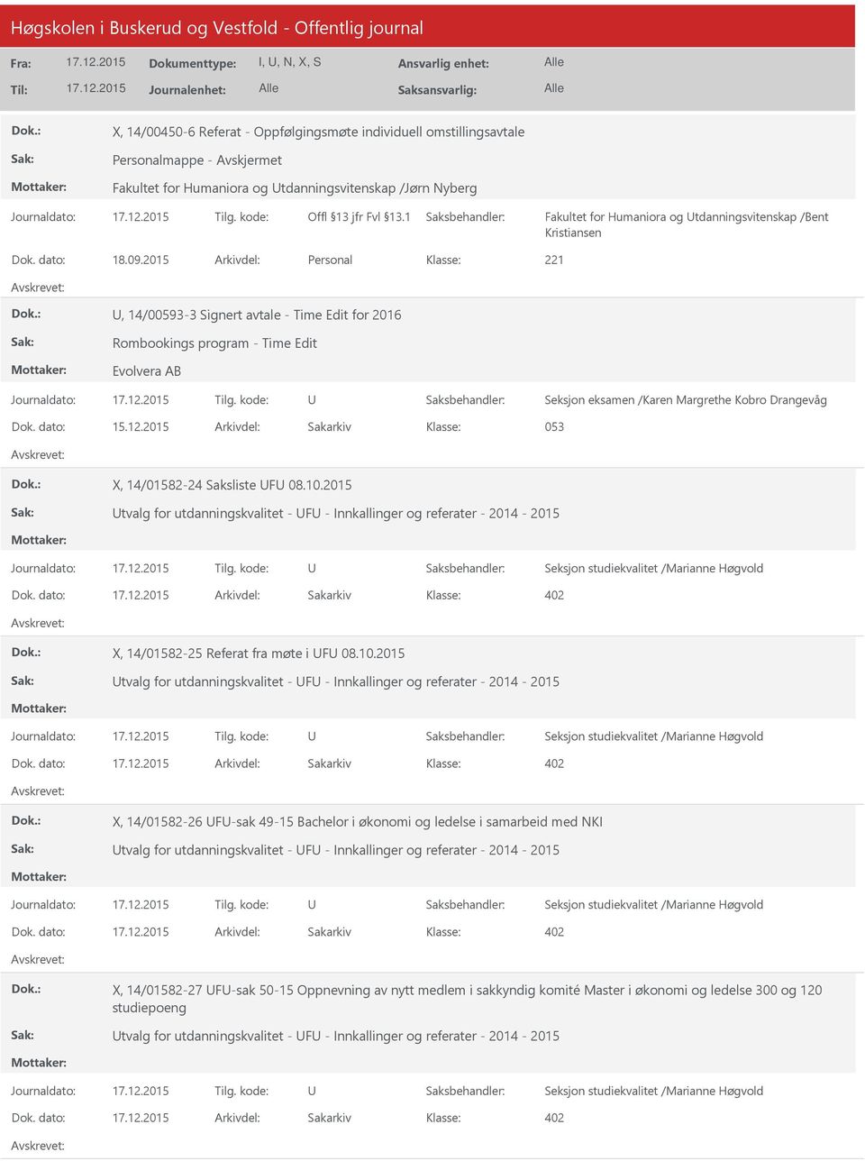 2015 Arkivdel: Personal 221, 14/00593-3 Signert avtale - Time Edit for 2016 Rombookings program - Time Edit Evolvera AB Seksjon eksamen /Karen Margrethe Kobro Drangevåg 053 X, 14/01582-24 Saksliste F