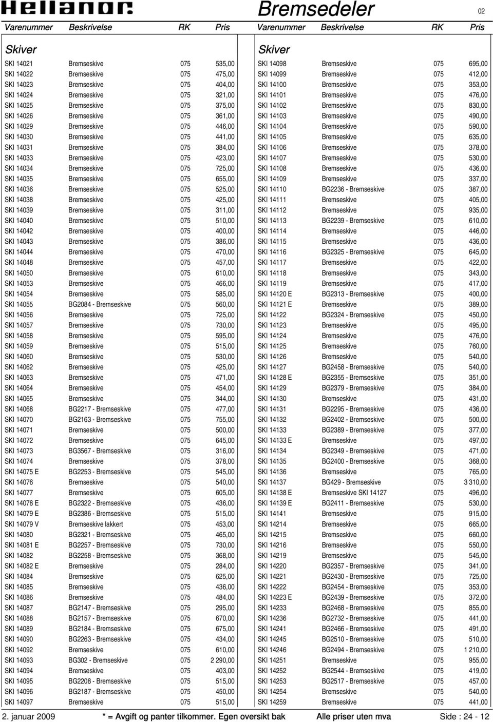 075 655,00 SKI 14036 Bremseskive 075 525,00 SKI 14038 Bremseskive 075 425,00 SKI 14039 Bremseskive 075 311,00 SKI 14040 Bremseskive 075 510,00 SKI 14042 Bremseskive 075 400,00 SKI 14043 Bremseskive