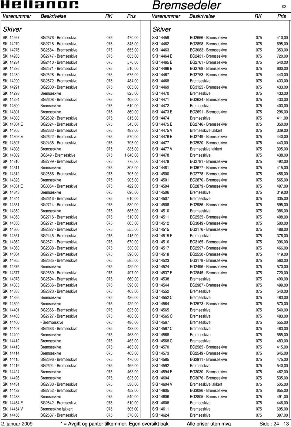 14293 Bremseskive 075 825,00 SKI 14294 BG2608 - Bremseskive 075 406,00 SKI 14300 Bremseskive 075 610,00 SKI 14301 Bremseskive 075 860,00 SKI 14303 BG2602 - Bremseskive 075 815,00 SKI 14304 E BG2624 -