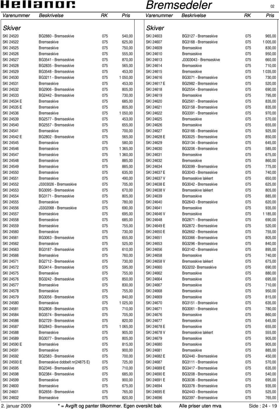 SKI 24533 BG2442 - Bremseskive 075 730,00 SKI 24534 E Bremseskive 075 685,00 SKI 24535 E Bremseskive 075 805,00 SKI 24536 Bremseskive 075 1 050,00 SKI 24539 BG2577 - Bremseskive 075 453,00 SKI 24540