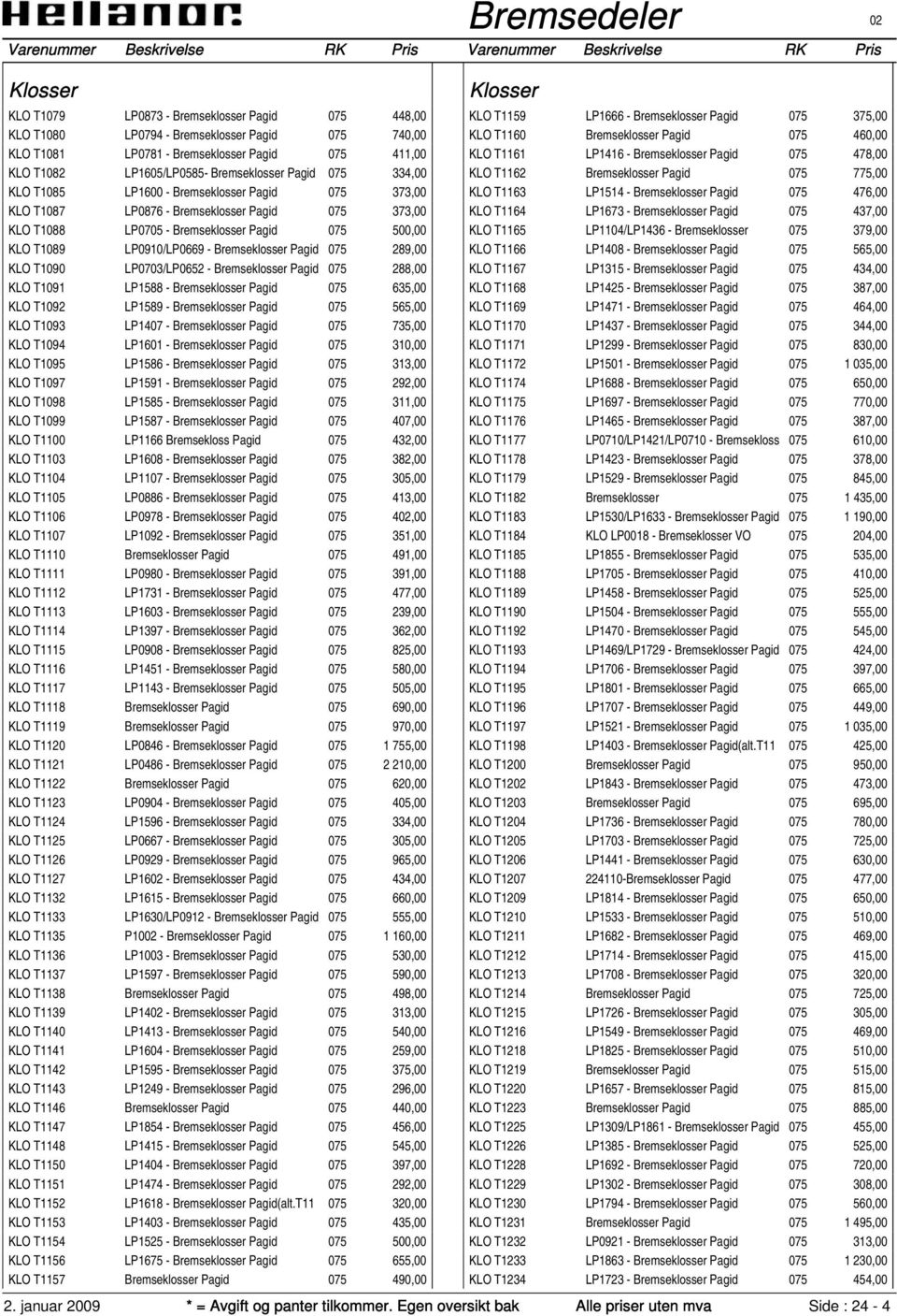 LP0910/LP0669 - Bremseklosser Pagid 075 289,00 KLO T1090 LP0703/LP0652 - Bremseklosser Pagid 075 288,00 KLO T1091 LP1588 - Bremseklosser Pagid 075 635,00 KLO T1092 LP1589 - Bremseklosser Pagid 075