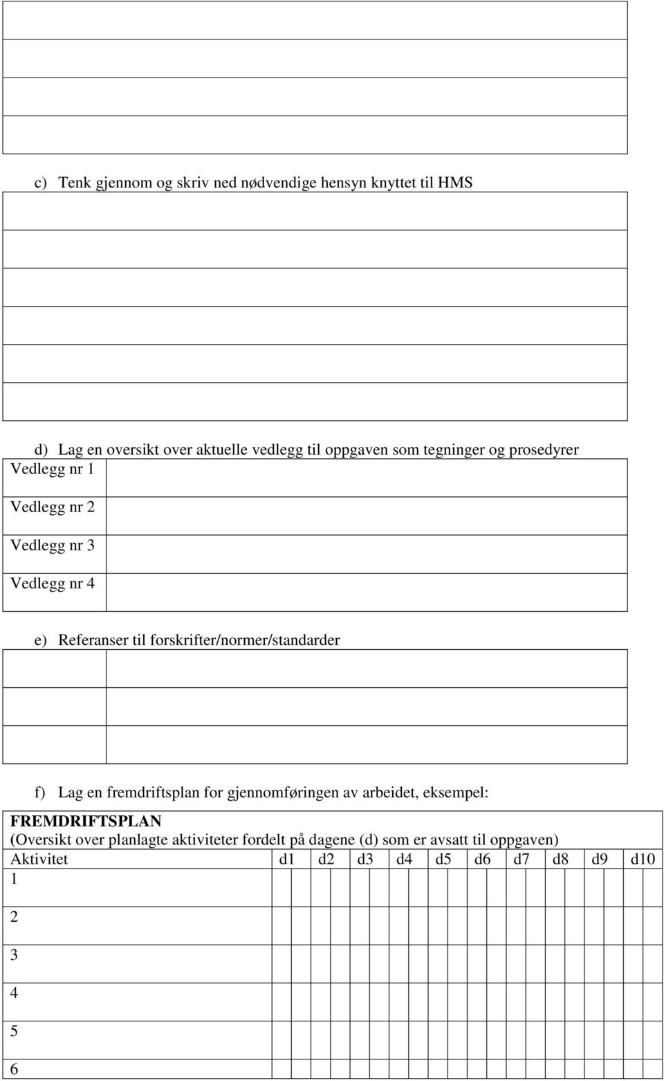 forskrifter/normer/standarder f) Lag en fremdriftsplan for gjennomføringen av arbeidet, eksempel: FREMDRIFTSPLAN