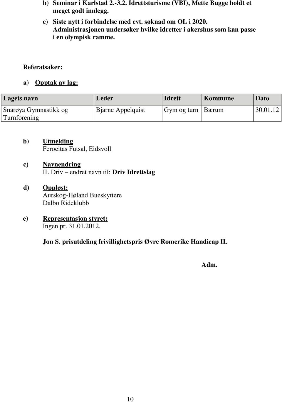 Referatsaker: a) Opptak av lag: Lagets navn Leder Idrett Kommune Dato Snarøya Gymnastikk og Turnforening Bjarne Appelquist Gym og turn Bærum 30.01.