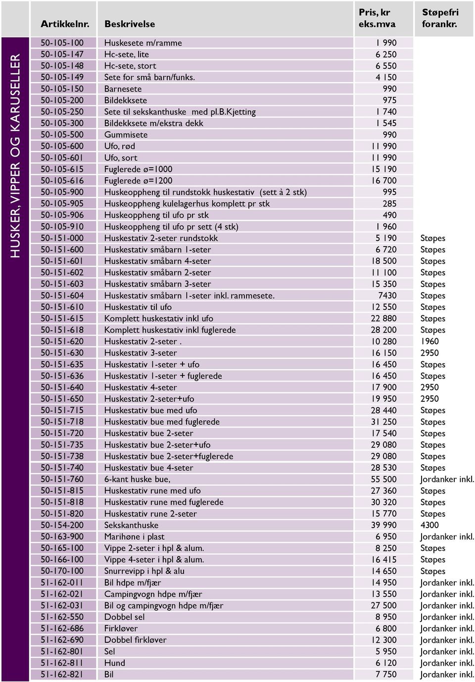 kjetting 50-105-300 Bildekksete m/ekstra dekk 50-105-500 Gummisete 50-105-600 Ufo, rød 50-105-601 Ufo, sort 50-105-615 Fuglerede ø=1000 50-105-616 Fuglerede ø=1200 50-105-900 Huskeoppheng til