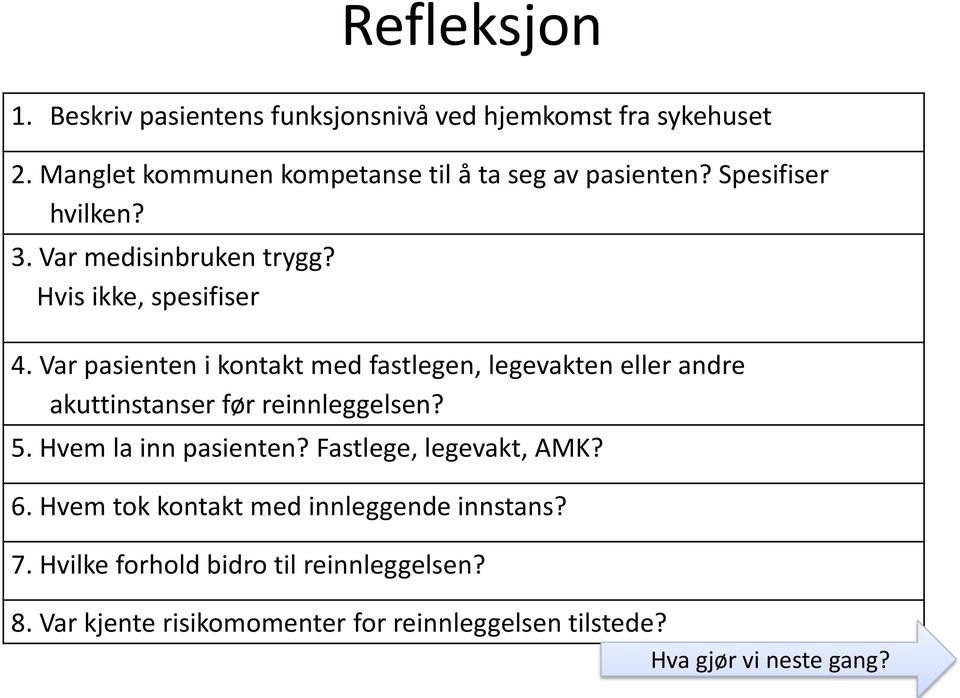 Var pasienten i kontakt med fastlegen, legevakten eller andre akuttinstanser før reinnleggelsen? 5. Hvem la inn pasienten?