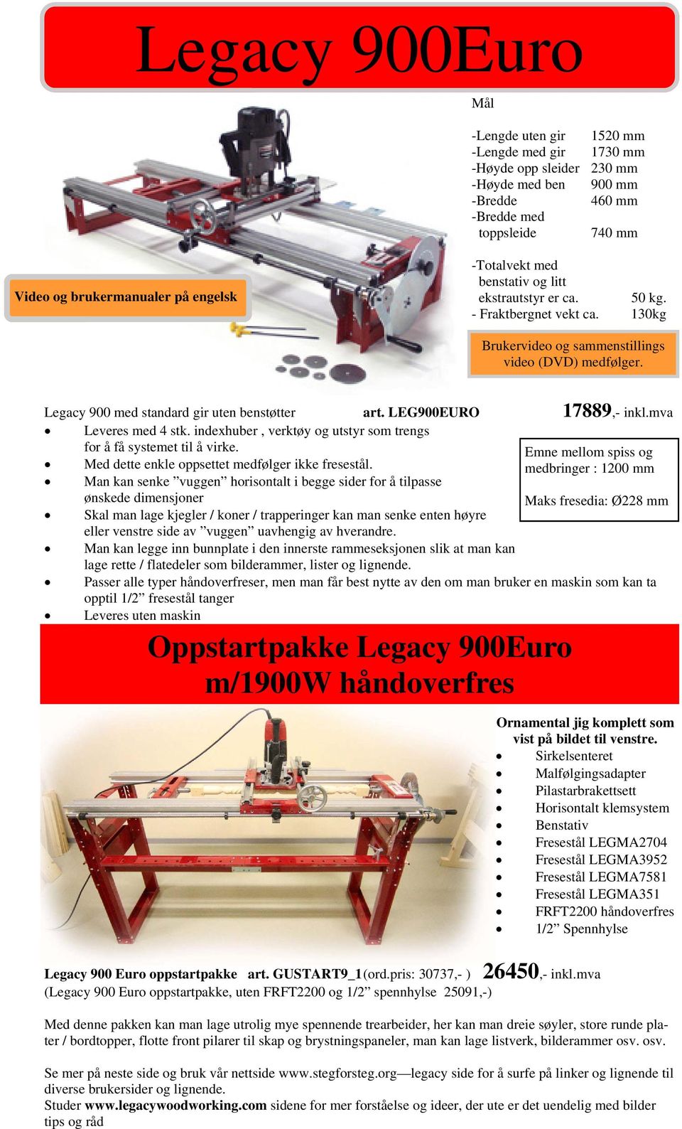 LEG900EURO 17889,- inkl.mva Leveres med 4 stk. indexhuber, verktøy og utstyr som trengs for å få systemet til å virke. Med dette enkle oppsettet medfølger ikke fresestål.