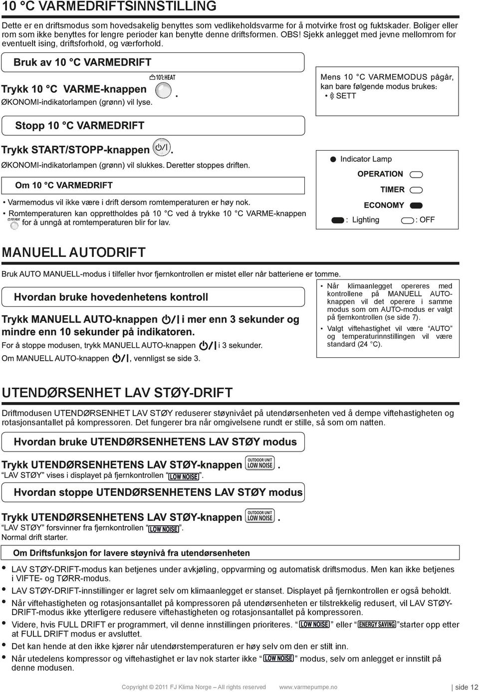 MANUELL AUTODRIFT Når klimaanlegget opereres med kontrollene på MANUELL AUTOknappen vil det operere i samme modus som om AUTO-modus er valgt på fjernkontrollen (se side 7).