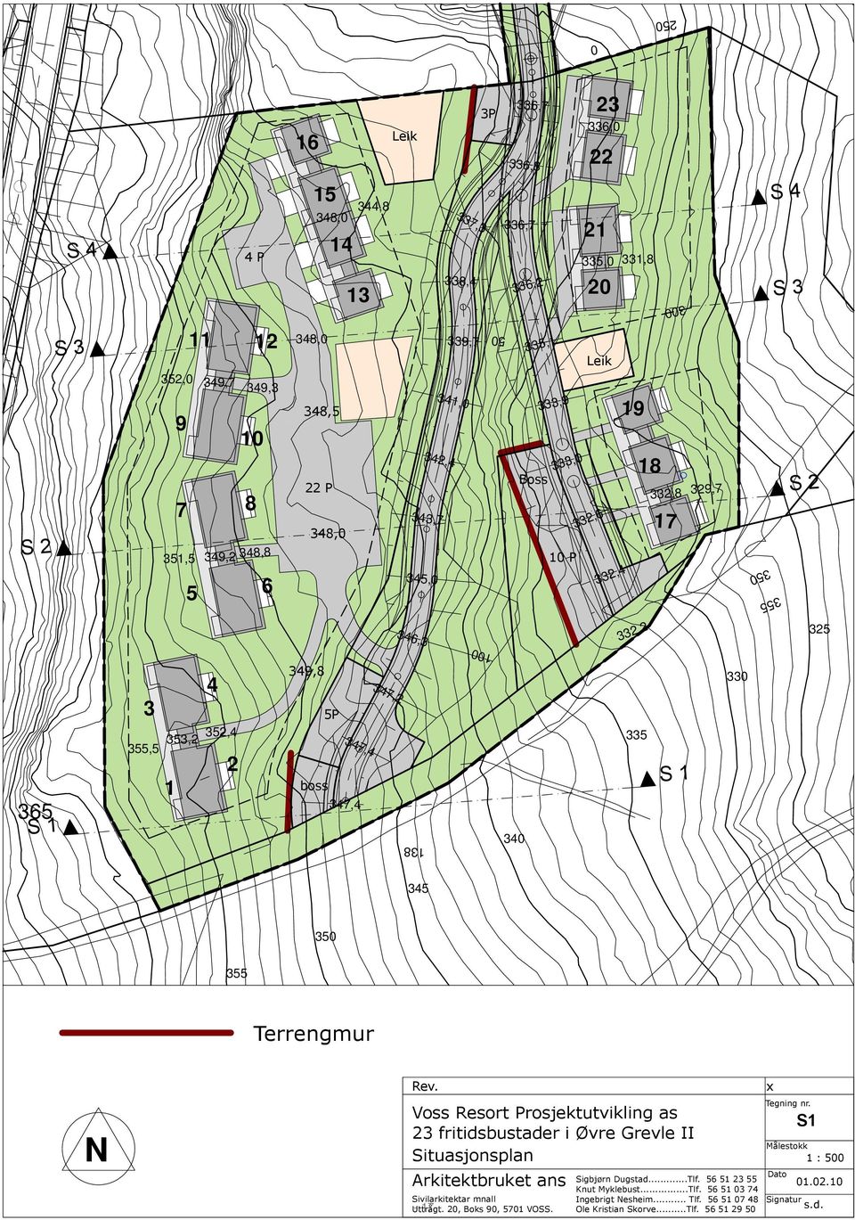 347,4 S 1 S 1 138 100 340 335 330 345 350 355 Terrengmur N Rev. Voss Resort Prosjektutvikling as 23 fritidsbustader i Øvre Grevle II Situasjonsplan Arkitektbruket ans Sivilarkitektar mnall Uttrågt.