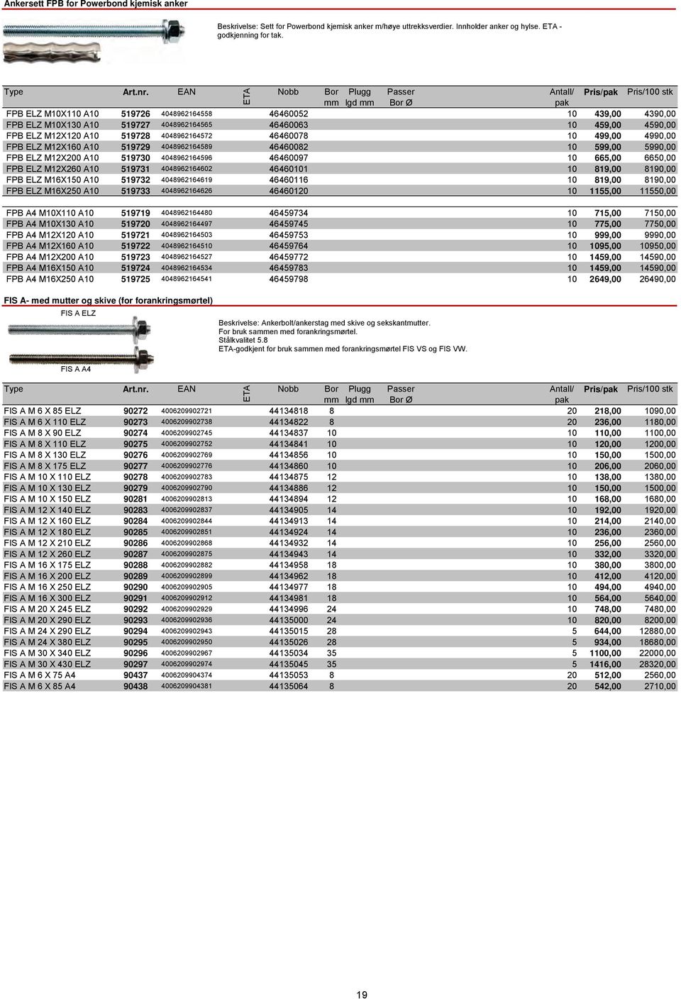 4048962164572 46460078 10 499,00 4990,00 FPB ELZ M12X160 A10 519729 4048962164589 46460082 10 599,00 5990,00 FPB ELZ M12X200 A10 519730 4048962164596 46460097 10 665,00 6650,00 FPB ELZ M12X260 A10