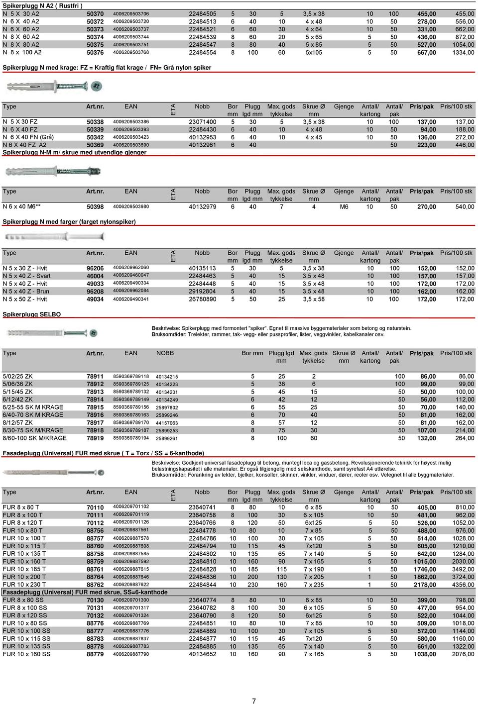527,00 1054,00 N 8 x 100 A2 50376 4006209503768 22484554 8 100 60 5x105 5 50 667,00 1334,00 Spikerplugg N med krage: FZ = Kraftig flat krage / FN= Grå nylon spiker Bor Plugg Max.