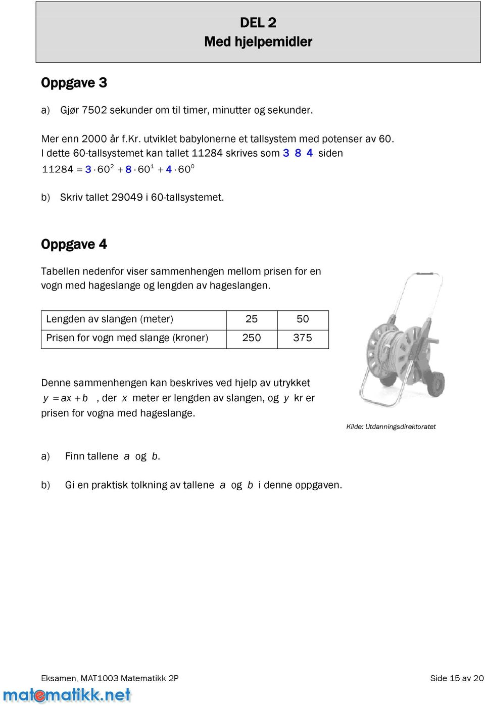 Oppgave 4 Tabellen nedenfor viser sammenhengen mellom prisen for en vogn med hageslange og lengden av hageslangen.