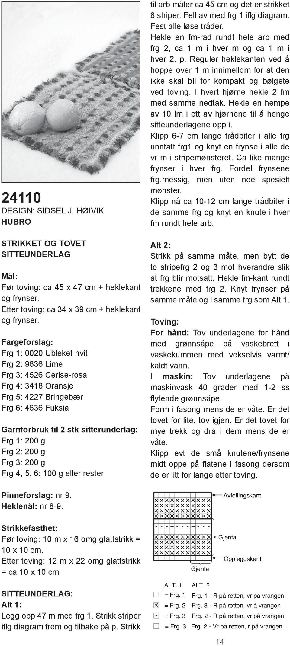 200 g Frg 4, 5, 6: 100 g eller rester nr 9. Heklenål: nr 8-9. til arb måler ca 45 cm og det er strikket 8 striper. Fell av med frg 1 iflg diagram. Fest alle løse tråder.