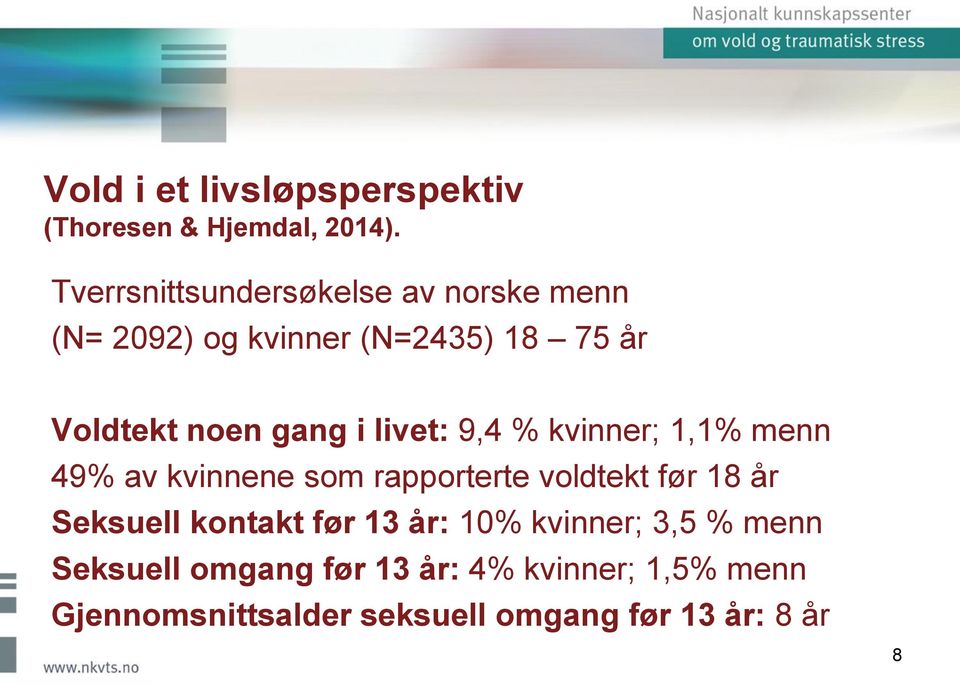 i livet: 9,4 % kvinner; 1,1% menn 49% av kvinnene som rapporterte voldtekt før 18 år Seksuell