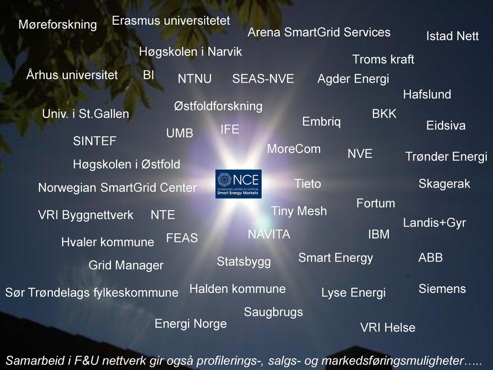 Gallen BKK Embriq UMB IFE Eidsiva SINTEF MoreCom NVE Trønder Energi Høgskolen i Østfold Norwegian SmartGrid Center Tieto Skagerak Fortum VRI Byggnettverk