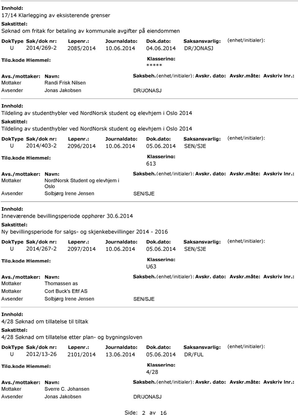 2096/2014 05.06.2014 613 NordNorsk Student og elevhjem i Oslo Solbjørg rene Jensen nneværende bevillingsperiode opphører 30.6.2014 Ny bevillingsperiode for salgs- og skjenkebevillinger 2014-2016 2014/267-2 2097/2014 05.