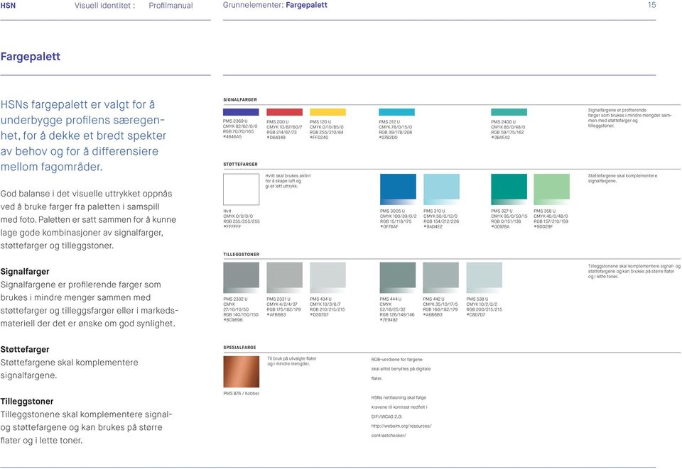 God balanse i det visuelle uttrykket oppnås SIGNALFARGER PMS 2369 U CMYK 82/62/0/0 RGB 70/70/165 #4646A5 STØTTEFARGER PMS 200 U CMYK 10/87/60/7 RGB 214/67/73 #D64349 Hvitt skal brukes aktivt for å