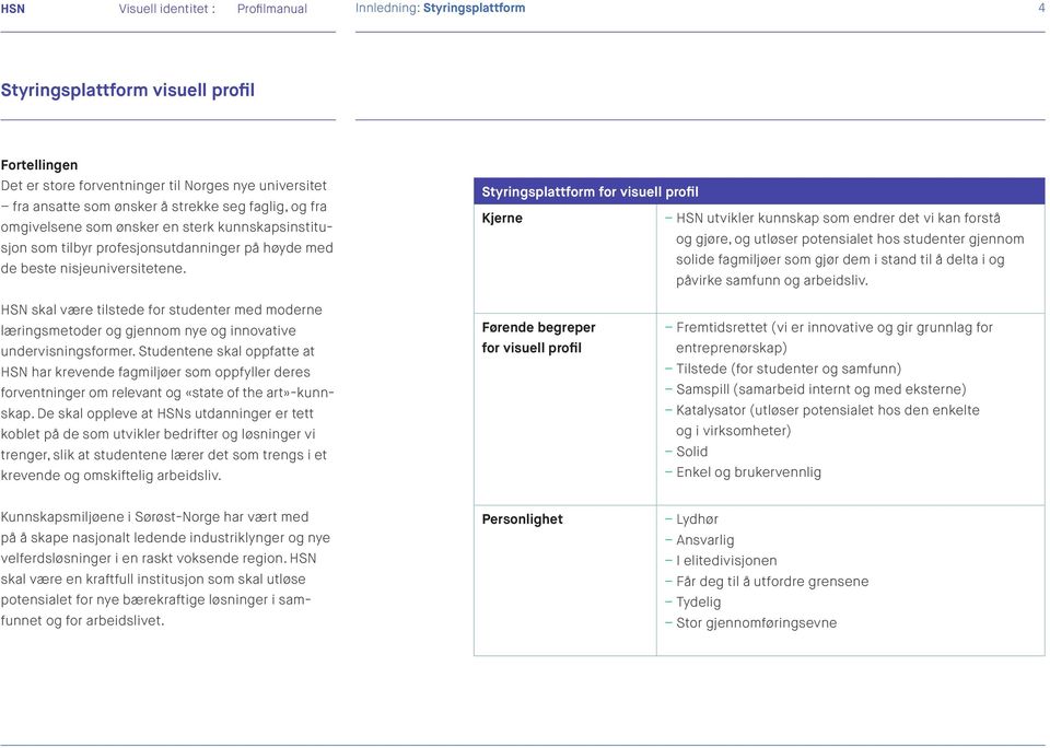 Styringsplattform for visuell profil Kjerne HSN utvikler kunnskap som endrer det vi kan forstå og gjøre, og utløser potensialet hos studenter gjennom solide fagmiljøer som gjør dem i stand til å