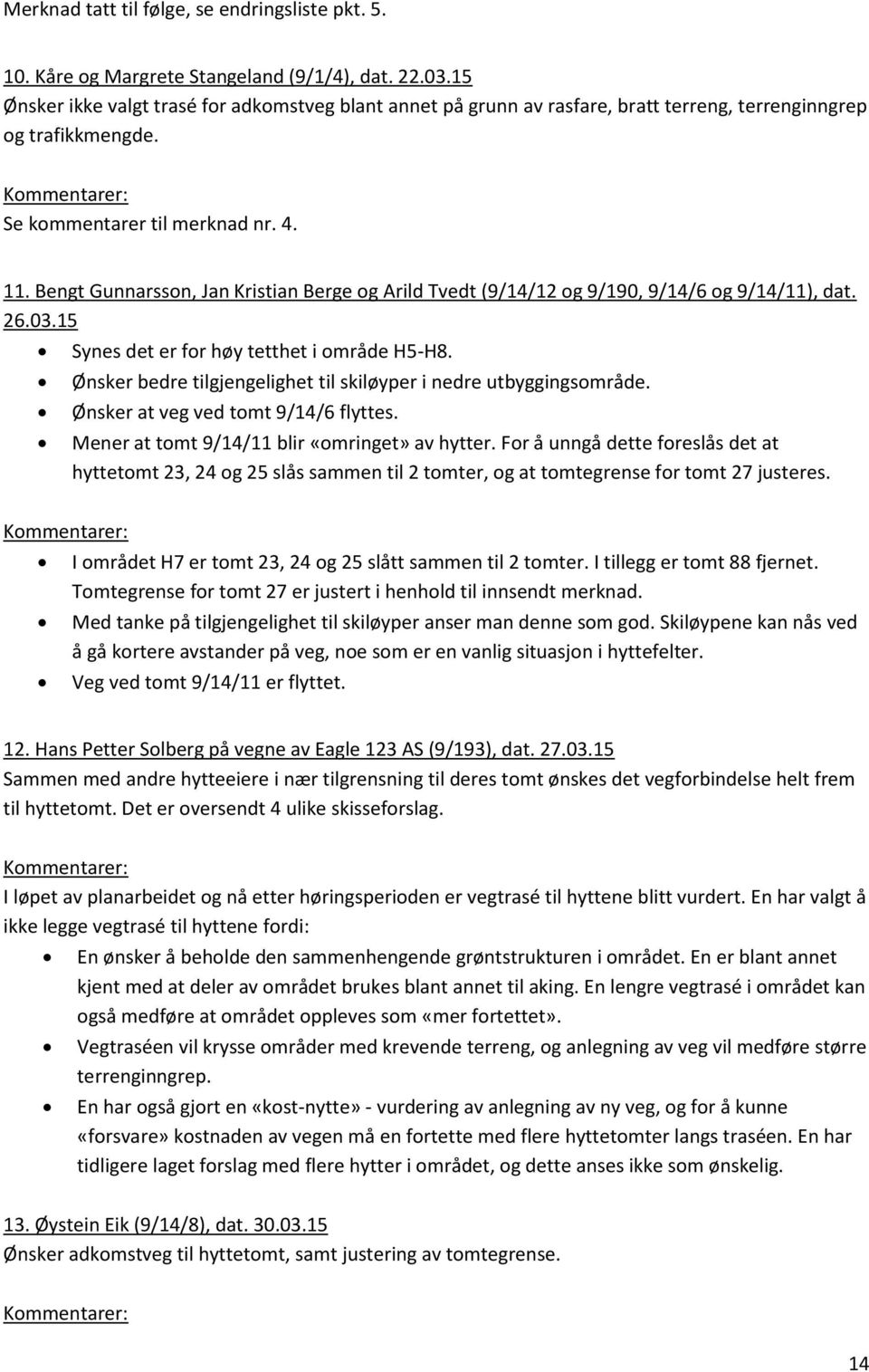 Bengt Gunnarsson, Jan Kristian Berge og Arild Tvedt (9/14/12 og 9/190, 9/14/6 og 9/14/11), dat. 26.03.15 Synes det er for høy tetthet i område H5-H8.