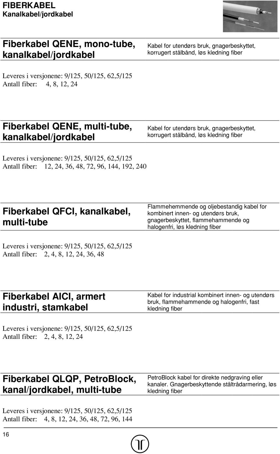 50/125, 62,5/125 Antall fiber: 12, 24, 36, 48, 72, 96, 144, 192, 240 Fiberkabel QFCI, kanalkabel, multi-tube Flammehemmende og oljebestandig kabel for kombinert innen- og utendørs bruk,