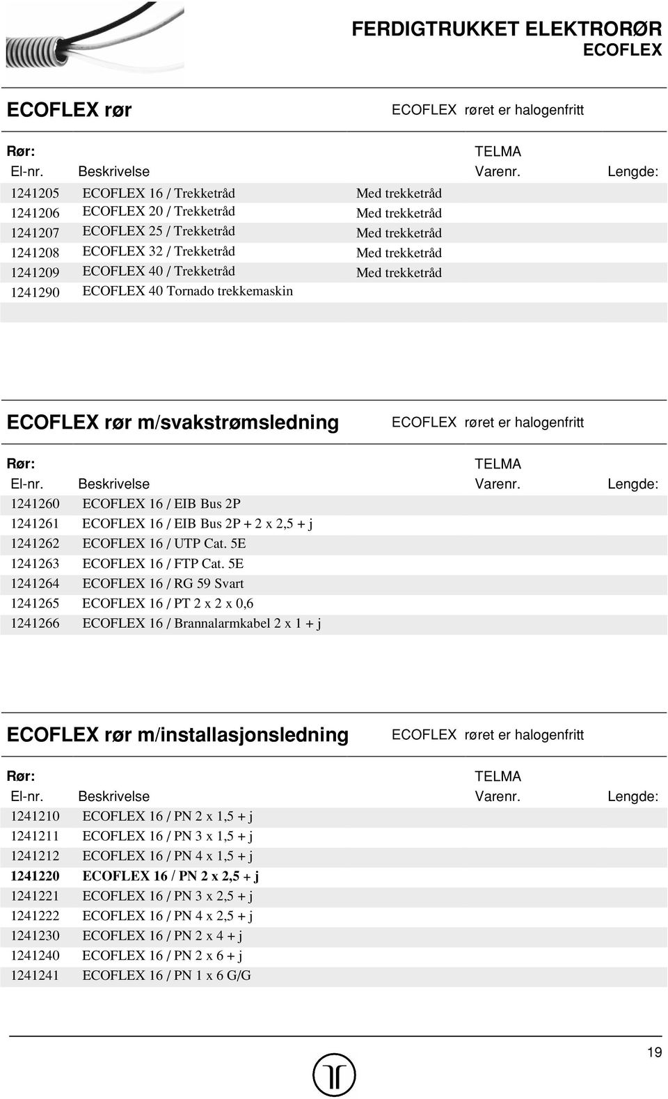 1241209 ECOFLEX 40 / Trekketråd Med trekketråd 1241290 ECOFLEX 40 Tornado trekkemaskin ECOFLEX rør m/svakstrømsledning ECOFLEX røret er halogenfritt Rør: TELMA El-nr. Beskrivelse Varenr.