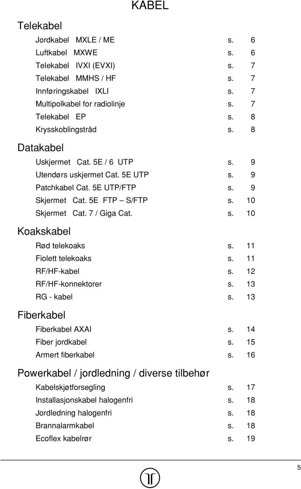 7 / Giga Cat. s. 10 Koakskabel Rød telekoaks s. 11 Fiolett telekoaks s. 11 RF/HF-kabel s. 12 RF/HF-konnektorer s. 13 RG - kabel s. 13 Fiberkabel Fiberkabel AXAI s. 14 Fiber jordkabel s.