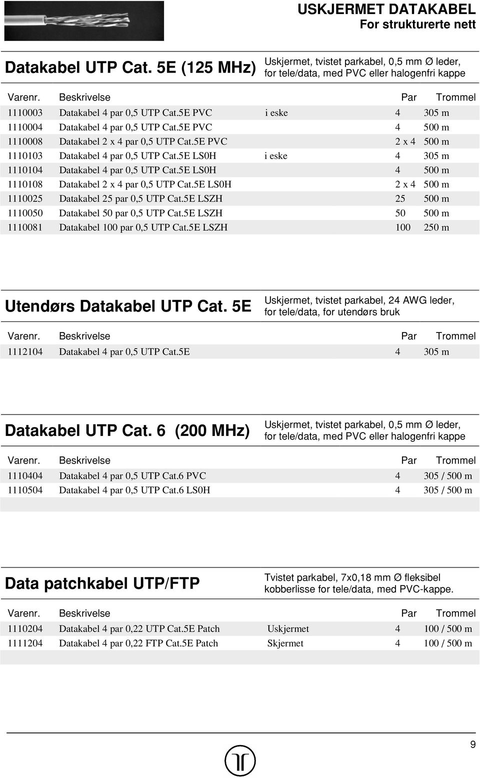 5E PVC 2 x 4 500 m 1110103 Datakabel 4 par 0,5 UTP Cat.5E LS0H i eske 4 305 m 1110104 Datakabel 4 par 0,5 UTP Cat.5E LS0H 4 500 m 1110108 Datakabel 2 x 4 par 0,5 UTP Cat.