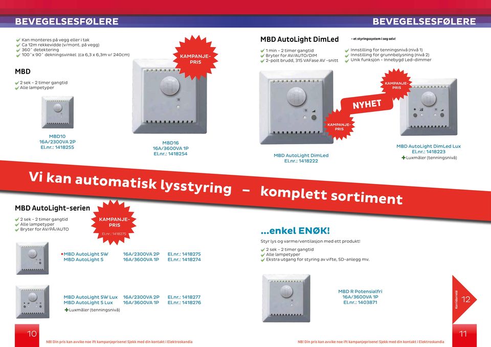 styringssystem i seg selv! Innstilling for tenningsnivå (nivå 1) Innstilling for grunnbelysning (nivå 2) Unik funksjon - Innebygd Led-dimmer 2 sek - 2 timer gangtid Alle lampetyper NYHET MBD10 El.nr.