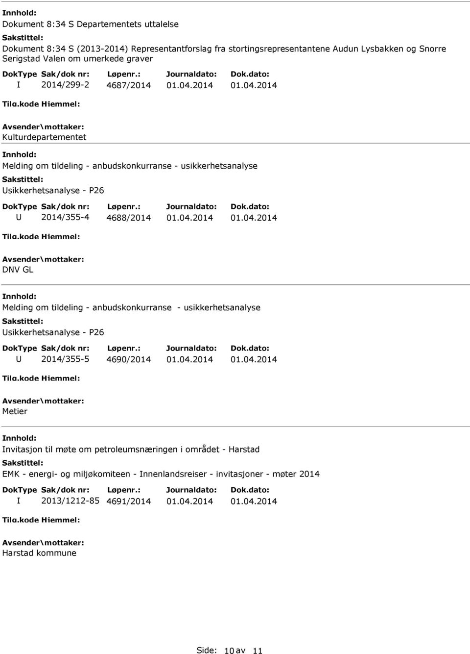 4688/2014 DNV GL Melding om tildeling - anbudskonkurranse - usikkerhetsanalyse sikkerhetsanalyse - P26 2014/355-5 4690/2014 Metier nvitasjon til møte om