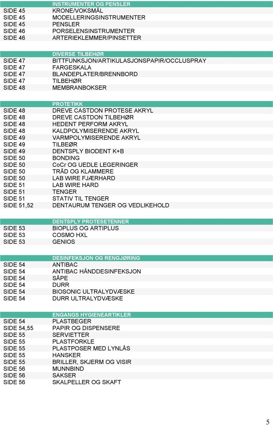 SIDE 50 SIDE 51 SIDE 51 SIDE 51 SIDE 51,52 PROTETIKK DREVE CASTDON PROTESE AKRYL DREVE CASTDON TILBEHØR HEDENT PERFORM AKRYL KALDPOLYMISERENDE AKRYL VARMPOLYMISERENDE AKRYL TILBEØR DENTSPLY BIODENT