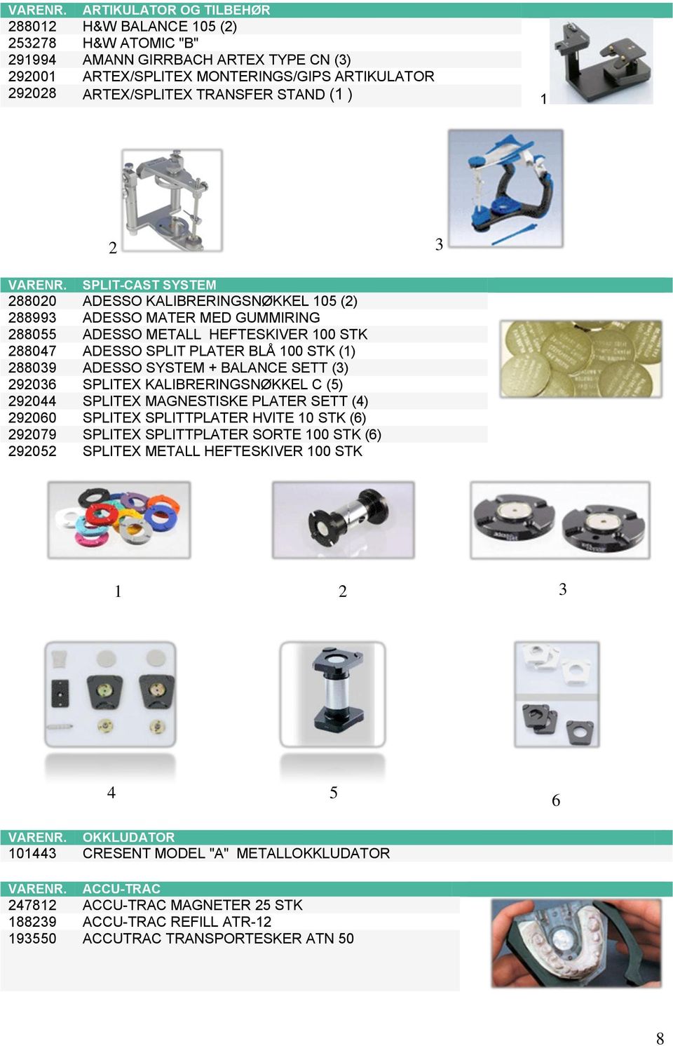 (1 ) 1 2 3  SPLITCAST SYSTEM 288020 ADESSO KALIBRERINGSNØKKEL 105 (2) 288993 ADESSO MATER MED GUMMIRING 288055 ADESSO METALL HEFTESKIVER 100 STK 288047 ADESSO SPLIT PLATER BLÅ 100 STK (1) 288039