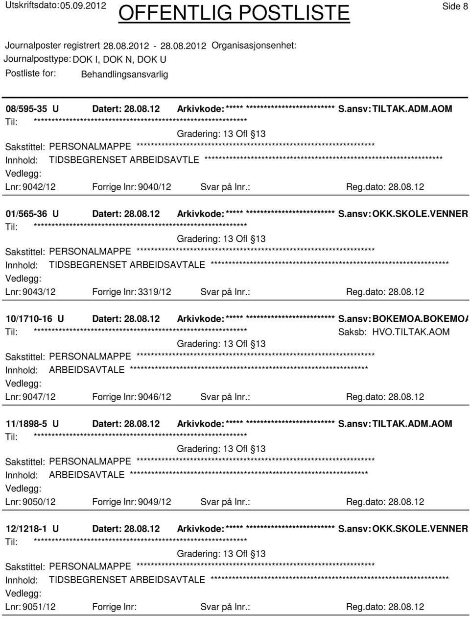 UN Innhold: TIDSBEGRENSET ARBEIDSAVTALE Lnr: 9043/12 Forrige lnr: 3319/12 Svar på lnr.: Reg.dato: 28.08.12 10/1710-16 U Datert: 28.08.12 Arkivkode:***** ****************************** S.ansv: BOKEMOA.